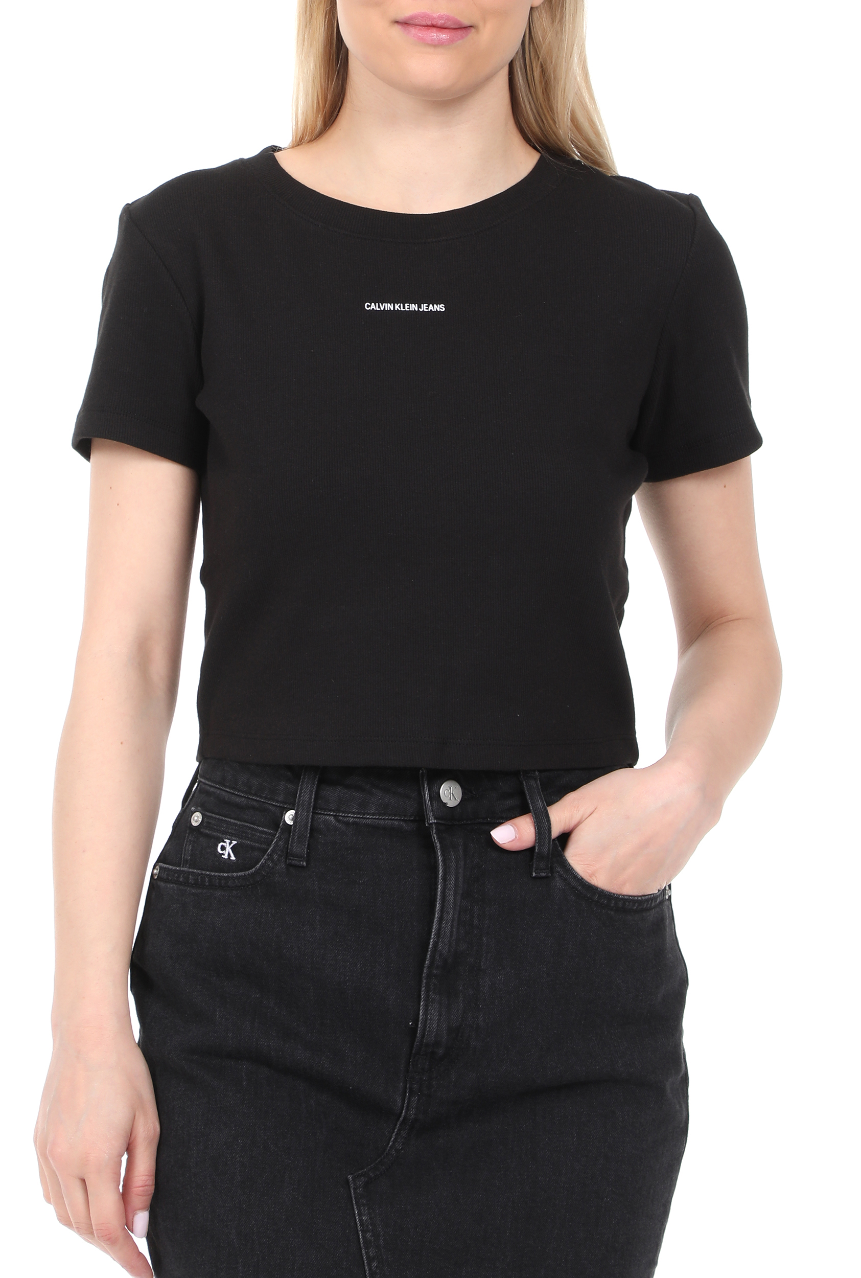 Γυναικεία/Ρούχα/Μπλούζες/Κοντομάνικες CALVIN KLEIN JEANS - Γυναικεία μπλούζα CALVIN KLEIN JEANS MICRO BRANDING CROP RIB μαύρη