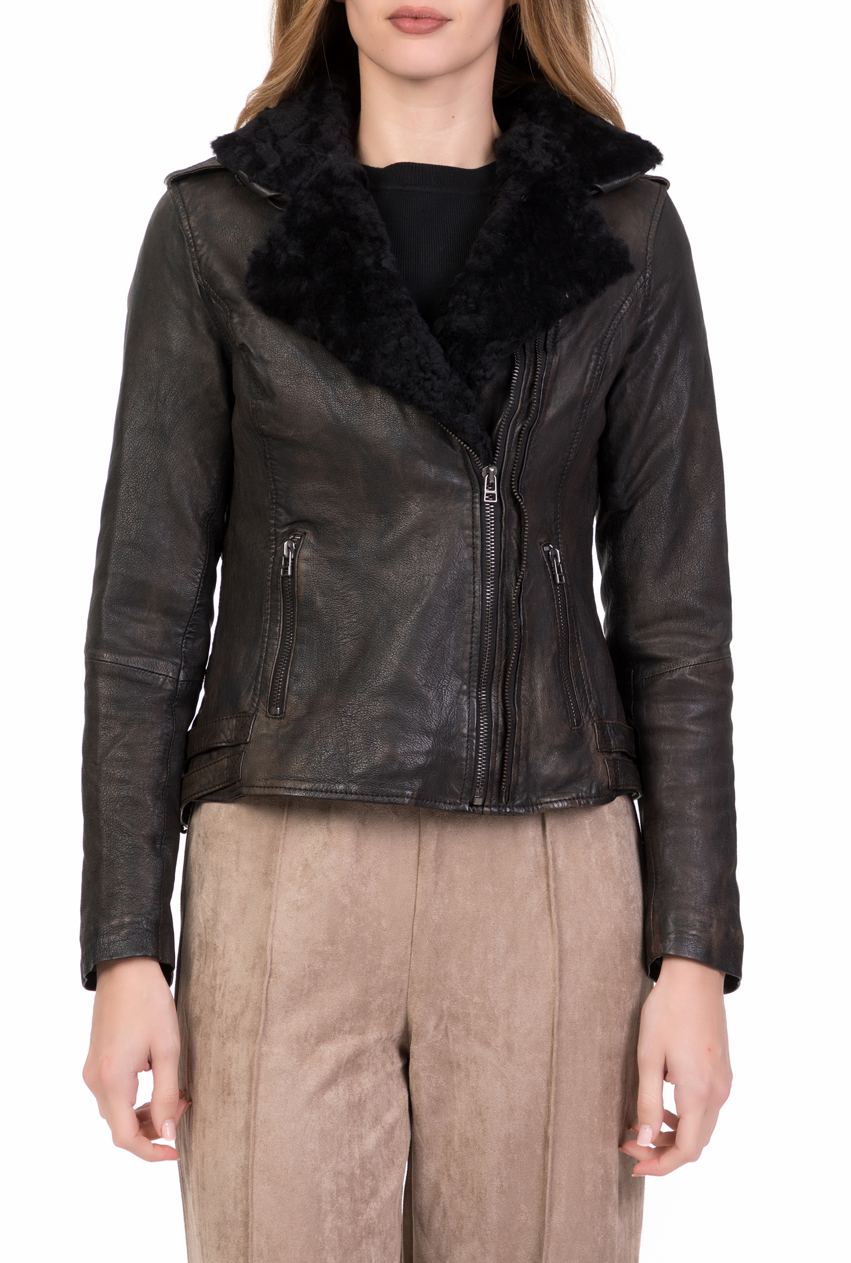 GOOSECRAFT – Γυναικείο δερμάτινο jacket με γουνάκι BIKER497 GOOSECRAFT καφέ 1695791.0-7172