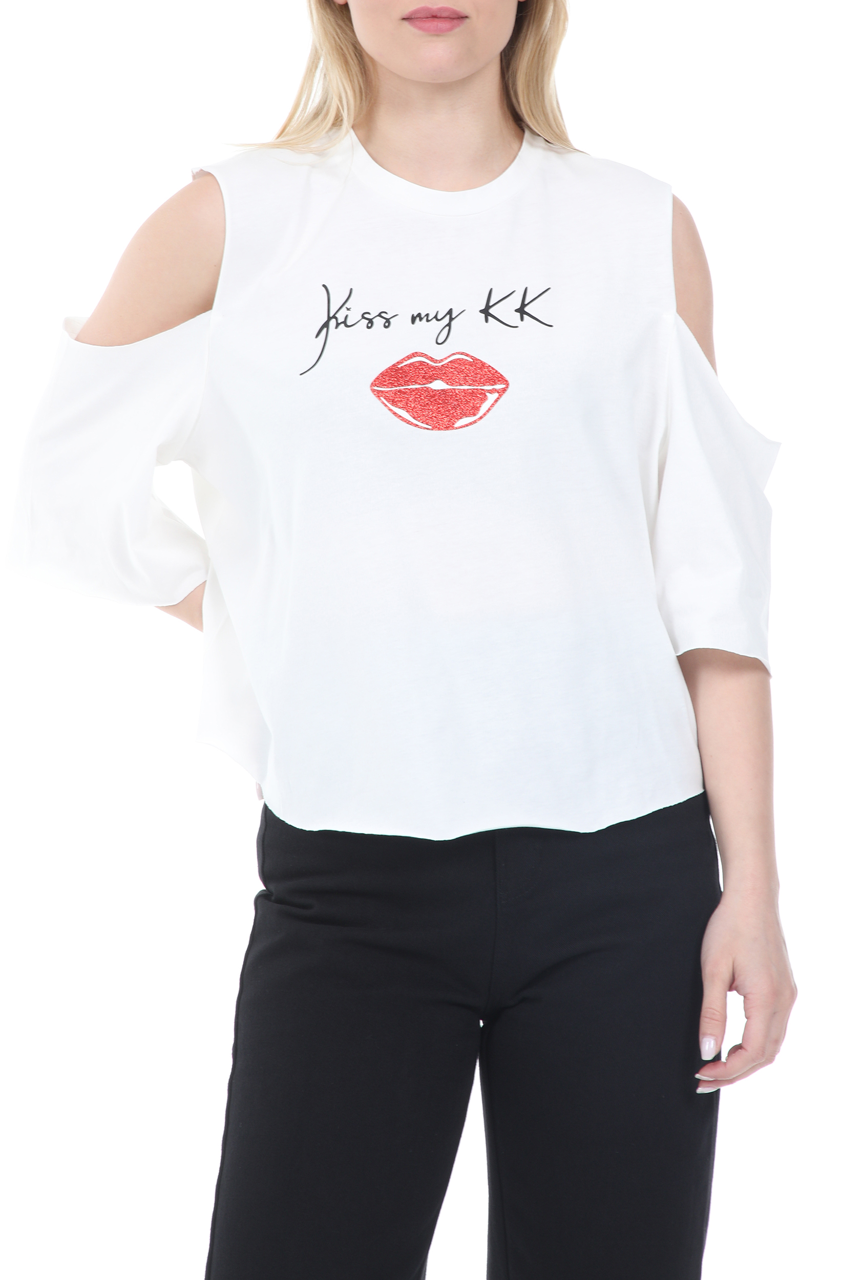 Γυναικεία/Ρούχα/Μπλούζες/Κοντομάνικες KENDALL + KYLIE - Γυναικεία μπλούζα KENDALL + KYLIE KISS MY LIPS λευκή