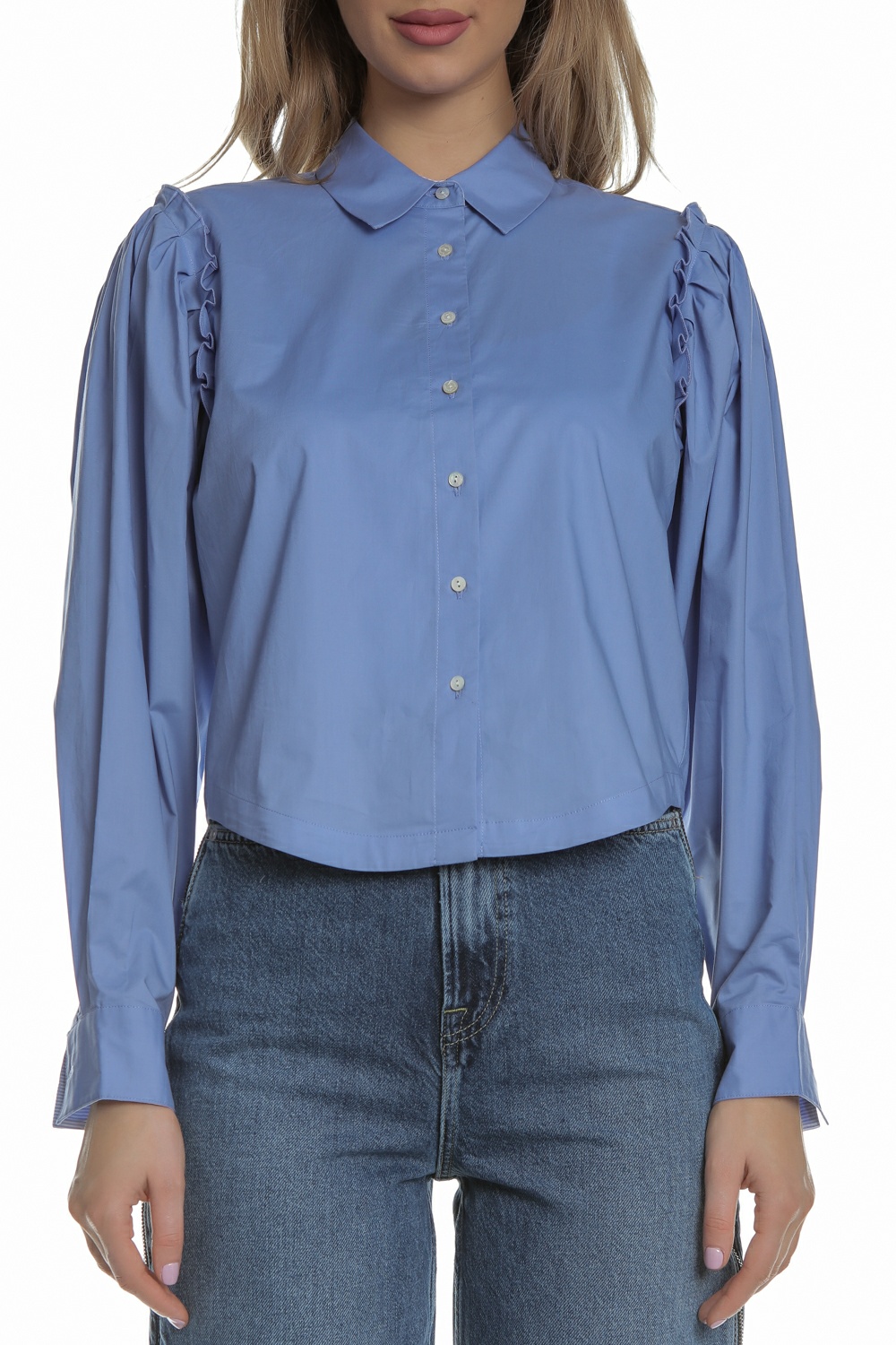 Γυναικεία/Ρούχα/Πουκάμισα/Μακρυμάνικα SCOTCH & SODA - Γυναικείο πουκάμισο cropped SCOTCH & SODA γαλάζιο