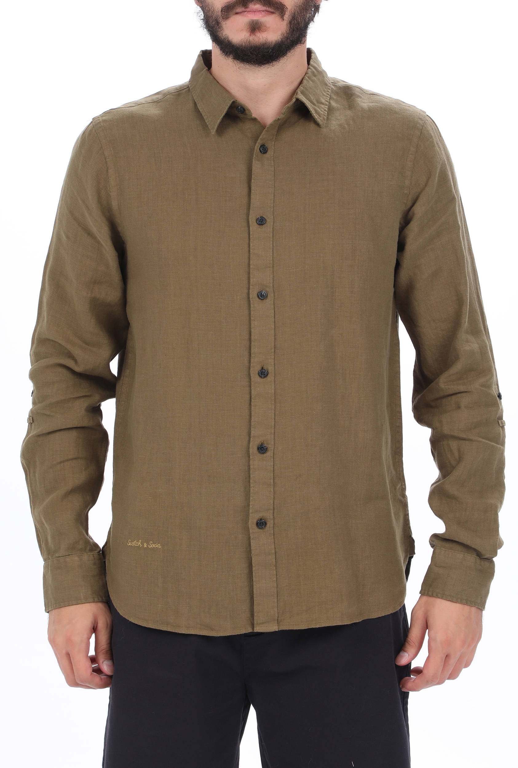 Ανδρικά/Ρούχα/Πουκάμισα/Μακρυμάνικα SCOTCH & SODA - Ανδρικό λινό πουκάμισο SCOTCH & SODA REGULAR FIT- Garment-dyed line καφέ