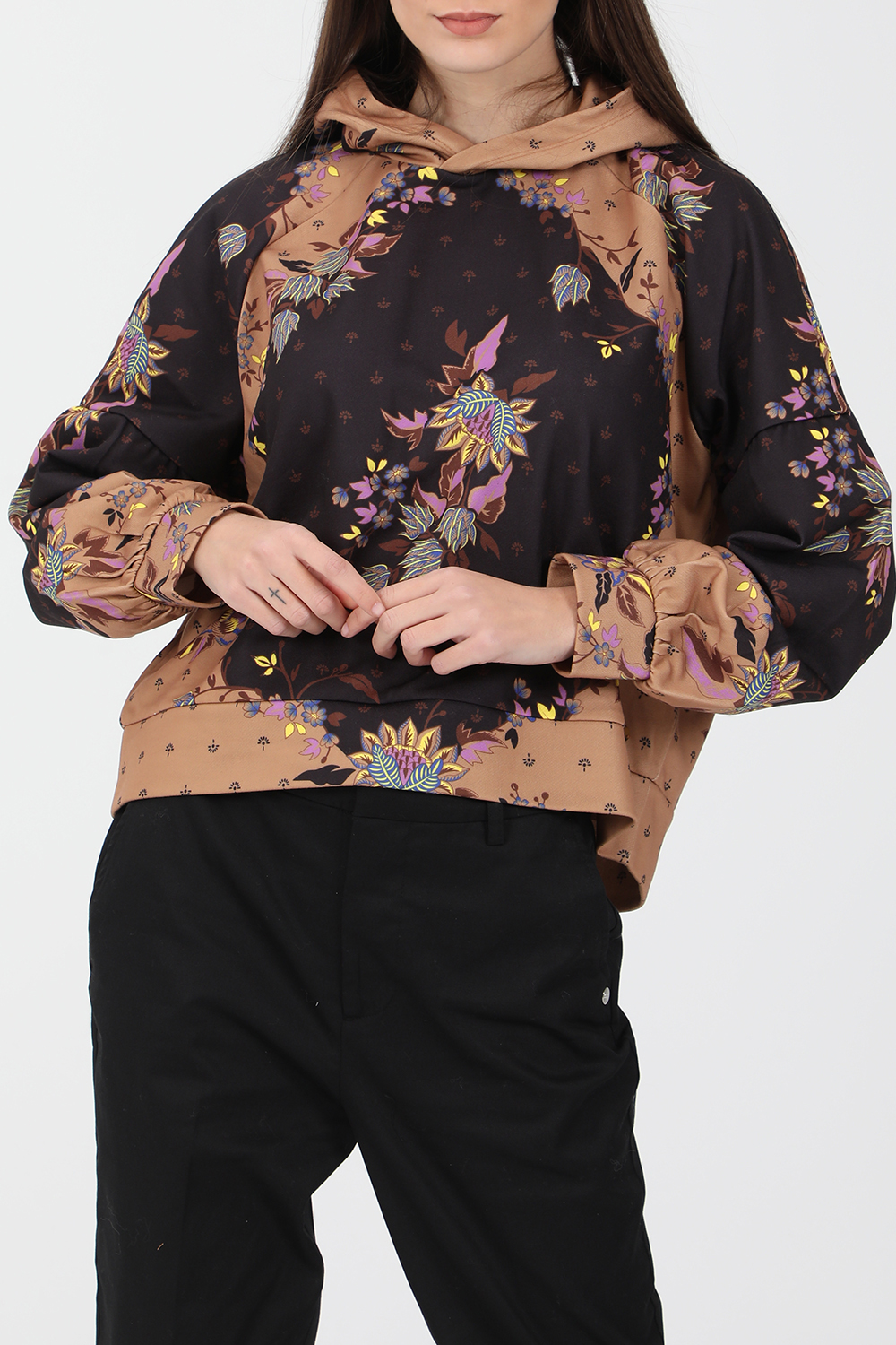 SCOTCH & SODA – Γυναικεία μπλούζα φούτερ SCOTCH & SODA Allover printed hoodie μαύρο μπεζ 1821070.0-0102