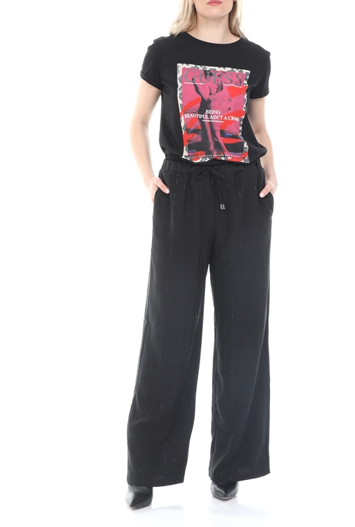 GUESS-Γυναικεία παντελόνα GUESS CLARA PANTS - ECO BACK SATIN μαύρη ασημί