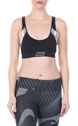 NIKE-Γυναικείο αθλητικό μπουστάκι NIKE INDY METALLIC LOGO BRA μαύρο ασημί