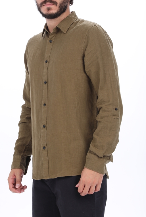 SCOTCH & SODA-Ανδρικό λινό πουκάμισο SCOTCH & SODA REGULAR FIT- Garment-dyed line καφέ