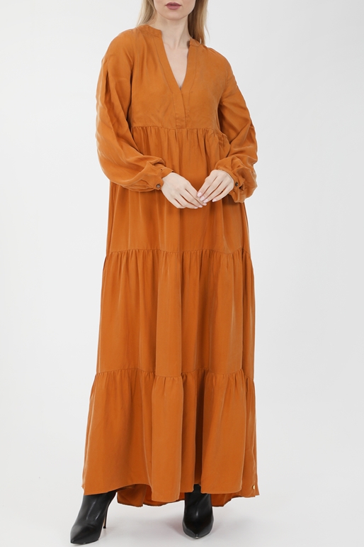 SCOTCH & SODA-Γυναικείο μακρύ φόρεμα SCOTCH & SODA Tiered Cupro maxi dress καφέ
